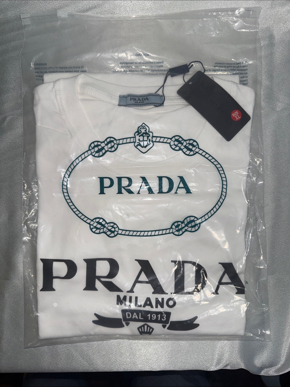 Prada White Crewneck T-Shirt with Green Logo🔥New! Size: XL - Picture 4 of 5